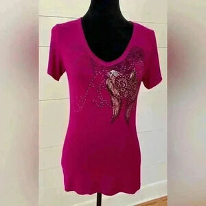Liberty wear women’s vintage wing embellished, short sleeve, T-fuchsia bad girl